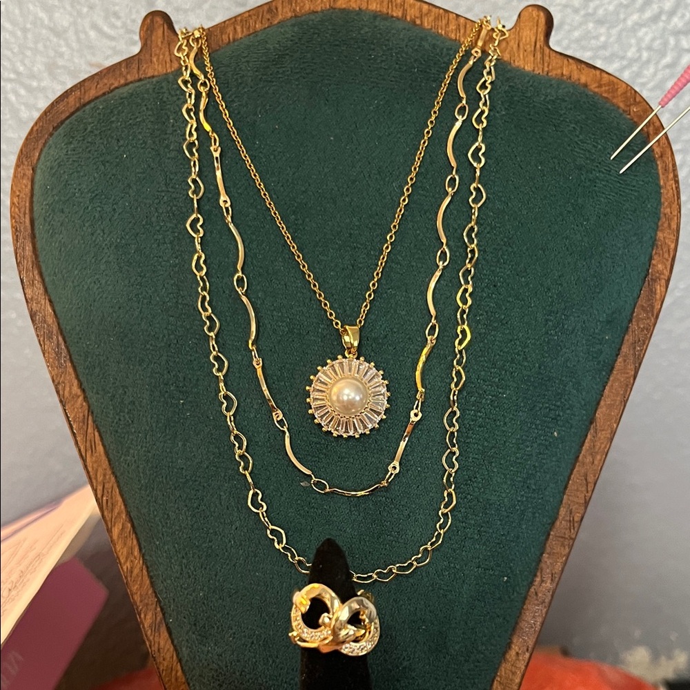 Elegant Gold and Pearl Layered Necklace Set w/ Status Earrings -Huggies